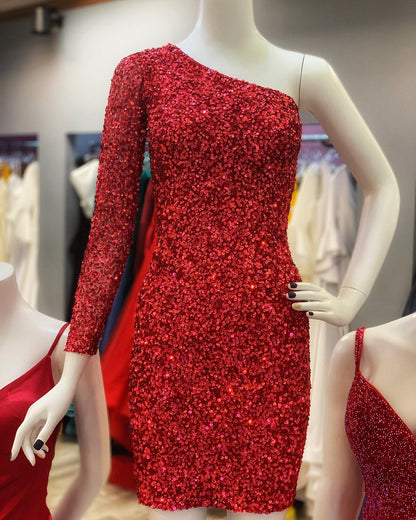 New Arrival One Shoulder Red Sequin Homecoming Dresses Sheath Short/Mini Long Sleeves Prom Dresses