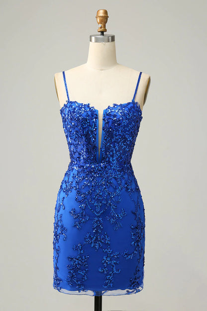 New Arrival Spaghetti Straps Sheath Sequin With Lace Homecoming Cocktail Dresses