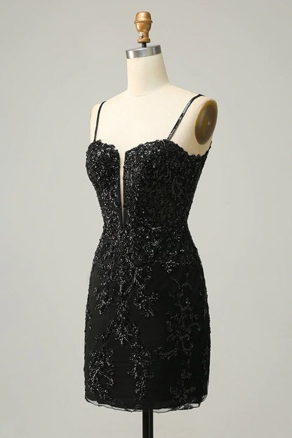 New Arrival Spaghetti Straps Sheath Sequin With Lace Homecoming Cocktail Dresses