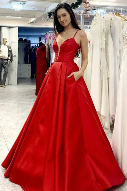 V Neck Open Back Red A Line Satin Prom Dresses