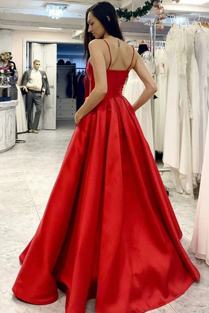 V Neck Open Back Red A Line Satin Prom Dresses