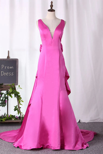 V Neck Satin With Bow Knot Mermaid Prom Dresses