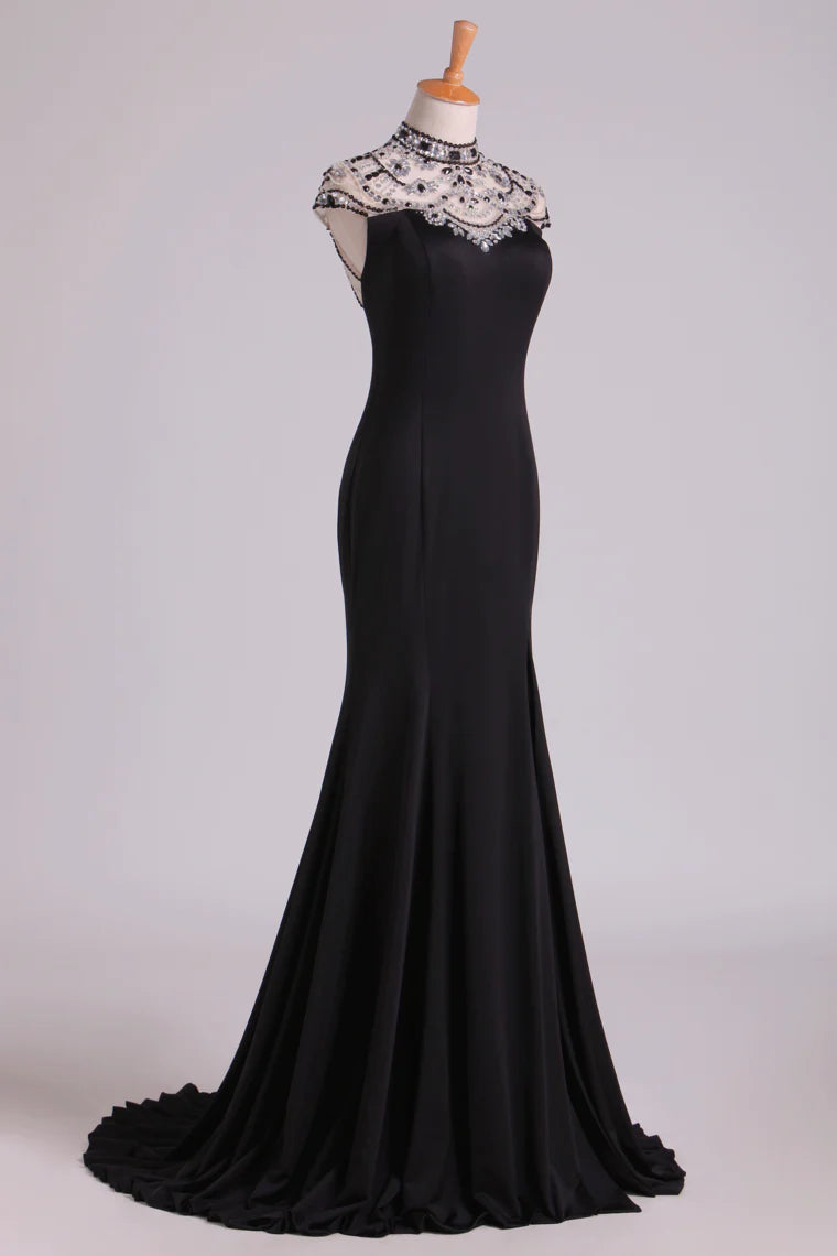 New High Neck Sheath Party Dresses Spandex With Beading & Slit