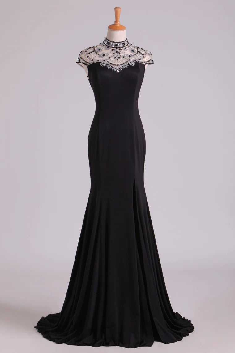 New High Neck Sheath Party Dresses Spandex With Beading & Slit