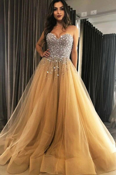 A-Line With Sparkly Beaded Long Sweetheart Cheap Tulle Prom Dresses