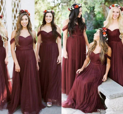 New Style A Line Tulle Sweetheart Off the Shoulder Long Ruffles Bridesmaid Dresses uk