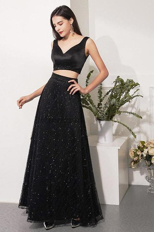 V Neck Two Pieces Fashion Black Sweet  Gown Prom Dress for Spring Teens