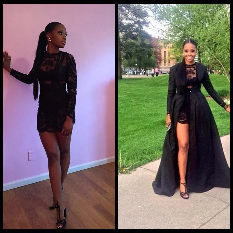 New Style Vintage Long Sleeve Sexy Black A-Line Lace High Neck Prom Dresses