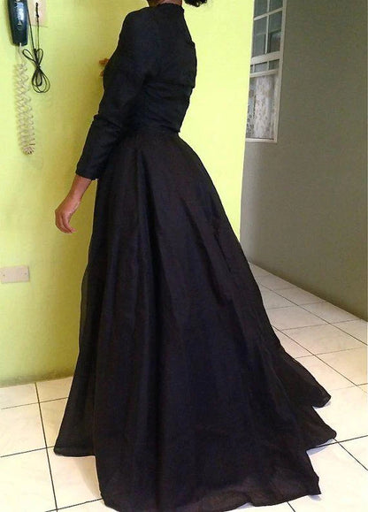 New Style Vintage Long Sleeve Sexy Black A-Line Lace High Neck Prom Dresses