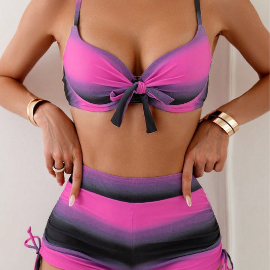 Women's Swimwear Bikini 2 Piece Swimsuit Tie Front Ombre Gradient Color Beach Wear Bathing Suits