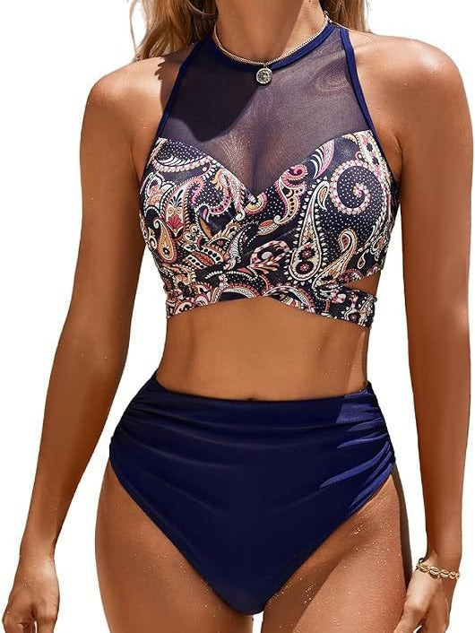 Women's Swimwear Tankini 2 Piece Swimsuit Paisley Patchwork Halter Paisley Beach Wear Summer Bathing Suits