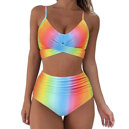 Women's Swimwear Tankini 2 Piece Swimsuit Backless Tummy Control Tie Back Ombre Gradient Color Halter Neck Tropical Bathing Suits