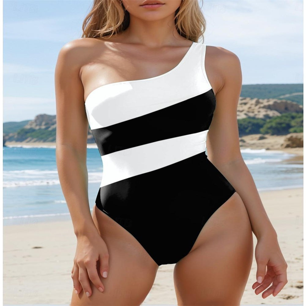 Women's One Piece Monokini Swimsuits Tummy Control Swim Suit Black White Color Stripe Block Geometic Open Back Beachwear Bathing Suits