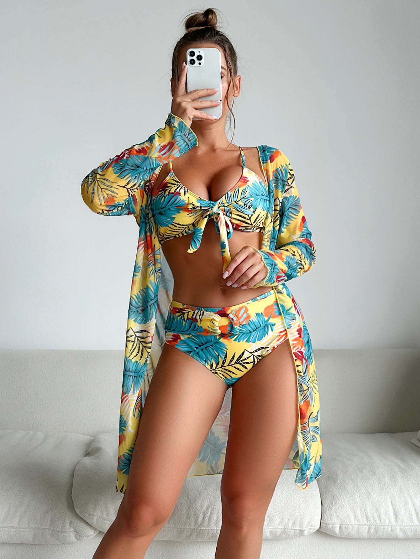 Women's Normal Swimwear Bikini Three Piece Swimsuit Push Up Tropical Leaves V Neck Vacation Beach Wear Bathing Suits