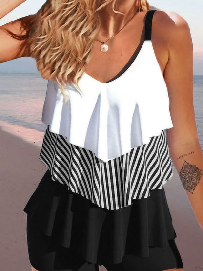 Women's Swimwear Tankini 2 Piece Swimsuit Ruffle Layered Color Block Stripe Tropical Modern Bathing Suits