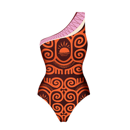 Folk Orange One Shoulder Swimsuit