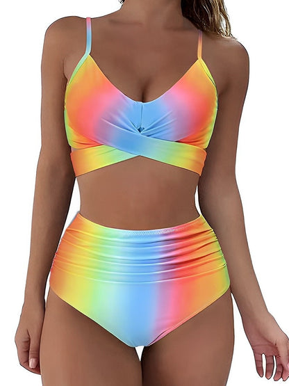 Women's Swimwear Tankini 2 Piece Swimsuit Backless Tummy Control Tie Back Ombre Gradient Color Halter Neck Tropical Bathing Suits