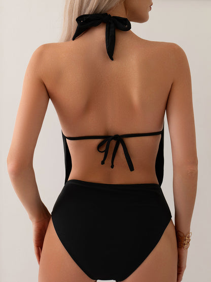 Women's One Piece Swimsuit black Backless Plain Halter V Neck Tropical Beach Wear Bathing Suits