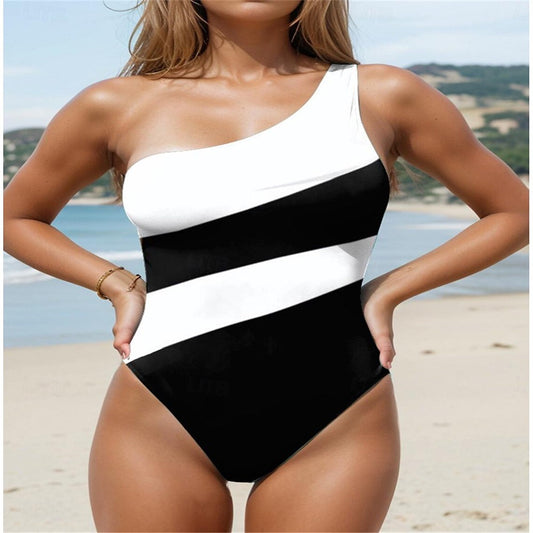 Women's One Piece Monokini Swimsuits Tummy Control Swim Suit Black White Color Stripe Block Geometic Open Back Beachwear Bathing Suits