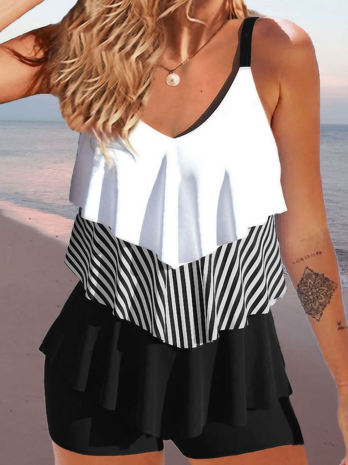 Women's Swimwear Tankini 2 Piece Swimsuit Ruffle Layered Color Block Stripe Tropical Modern Bathing Suits