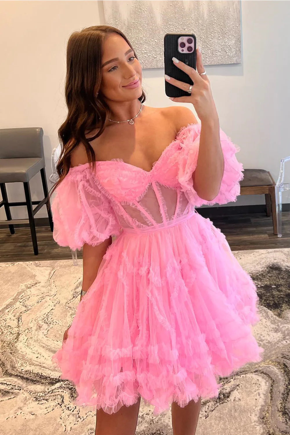 Off The Shoulder A Line Homecoming Dresses Tulle With Ruffles