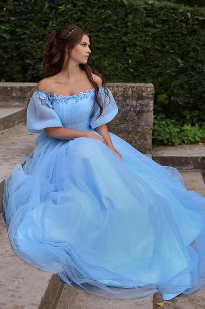 Off The Shoulder Long Sleeves Lace Up Back Beautiful Blue Tulle Prom Dresses