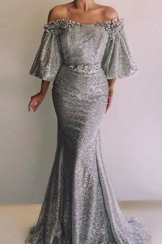 Off The Shoulder Mermaid Sequins With Sleeves Sweep Train Prom Dresses