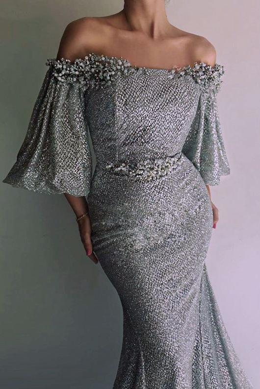 Off The Shoulder Mermaid Sequins With Sleeves Sweep Train Prom Dresses