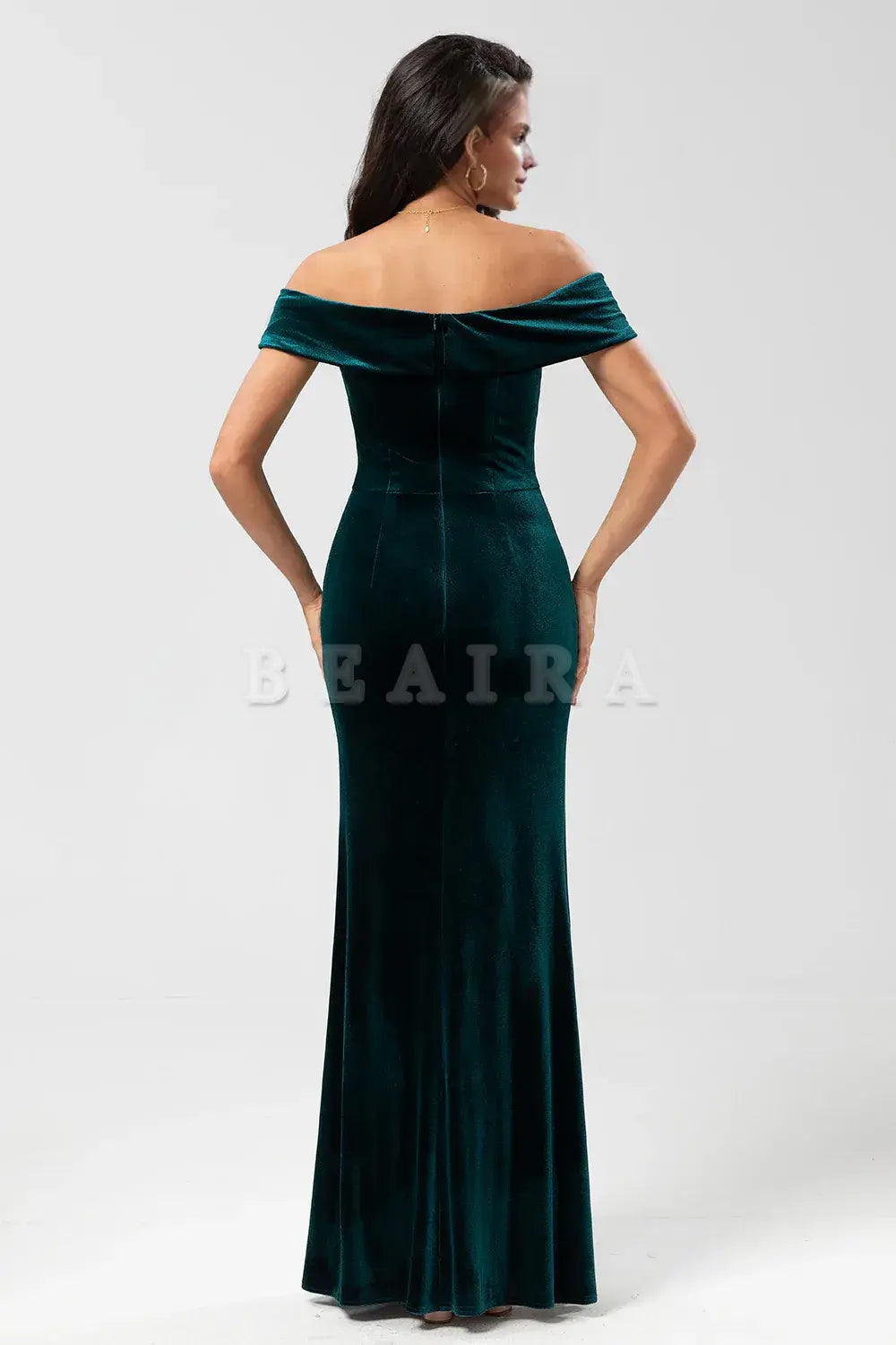 Beaira Off the Shoulder Peacock Green Velvet Mermaid Bridesmaid Dress With Slit Bridesmaid dress shop