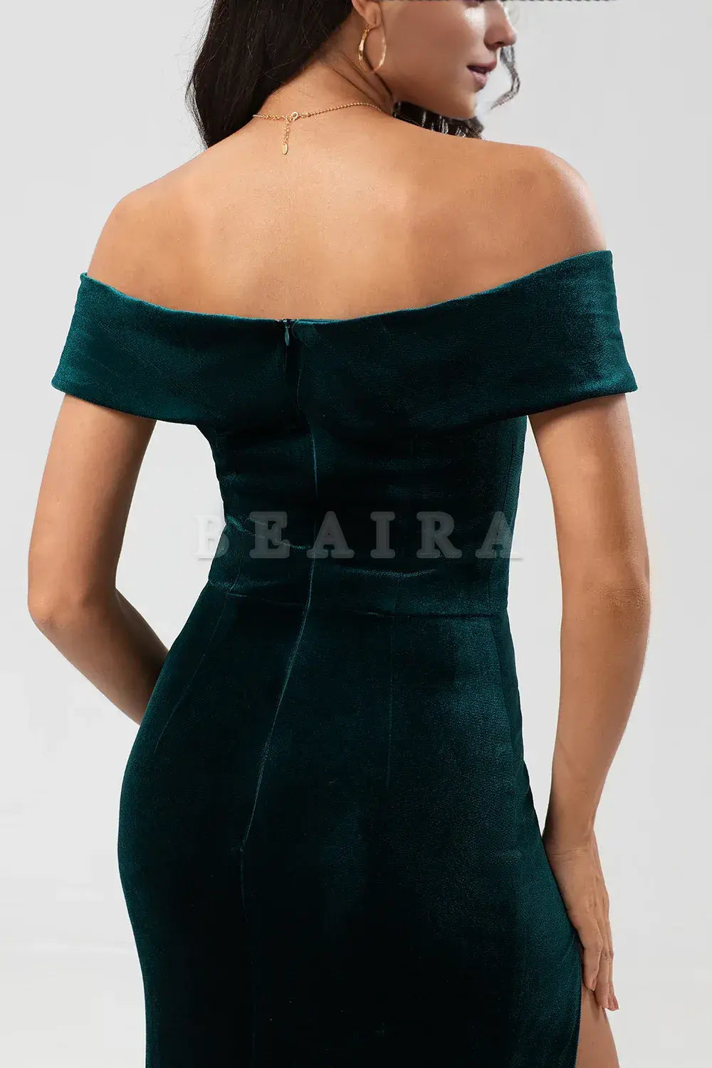 Beaira Off the Shoulder Peacock Green Velvet Mermaid Bridesmaid Dress With Slit Bridesmaid dress shop