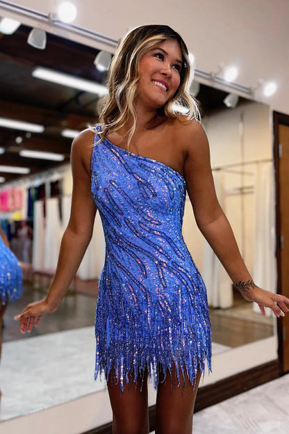 One Shoulder Sequin Sheath Short/Mini Homecoming Dress With Tassel