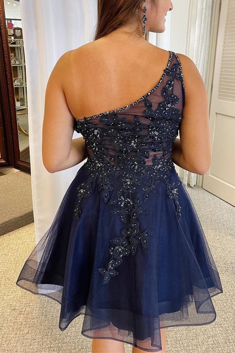 One Shoulder Tulle With Beading And Appliques Homecoming Dresses A Line