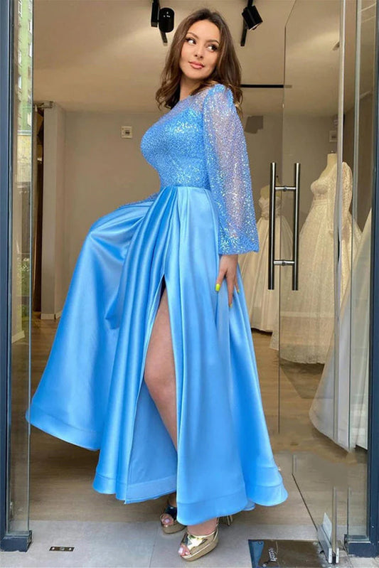 Open Back Long Sleeve Scoop Light Blue Floor-Length Beads Sexy Prom Dresses