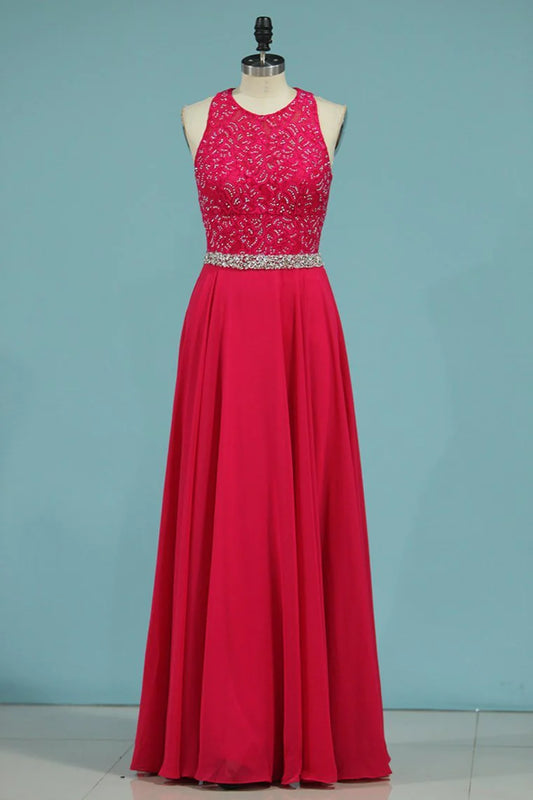 Open Back Scoop A Line Party Dresses With Beading Chiffon