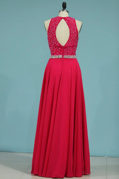 Open Back Scoop A Line Party Dresses With Beading Chiffon