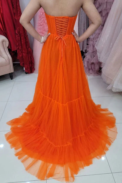 Orange Tulle Strapless Handmade Prom Dress Long Evening dress