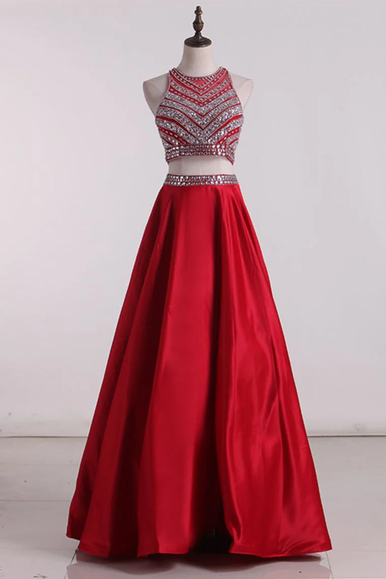 Party Dresses A Line Scoop Satin With Beading Floor Length