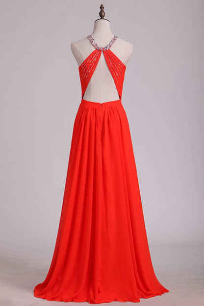 Party Dresses Halter A Line Chiffon With Beads Floor Length