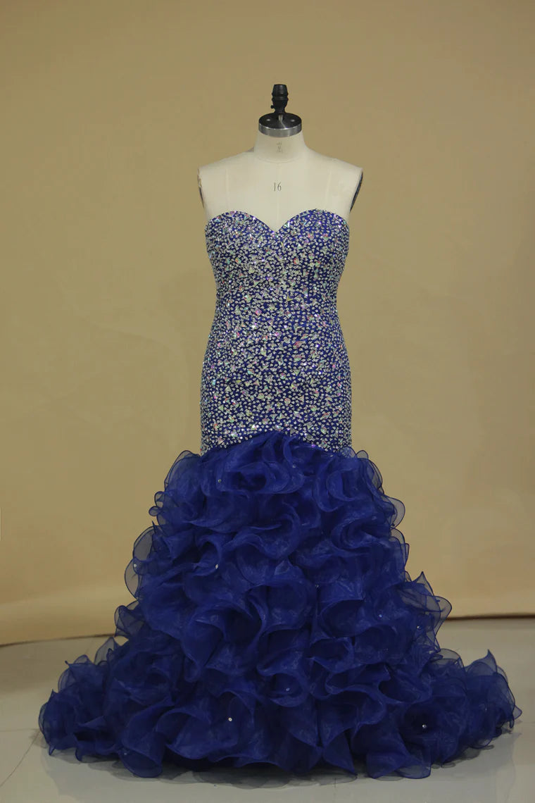 Party Dresses Mermaid Sweetheart Beaded Bodice Organza Sweep Train