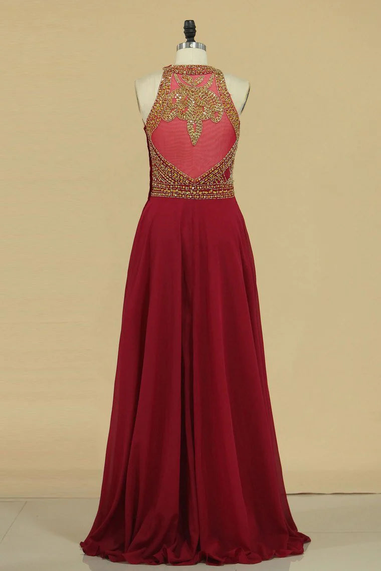 Party Dresses Scoop A Line Chiffon With Beads Floor Length