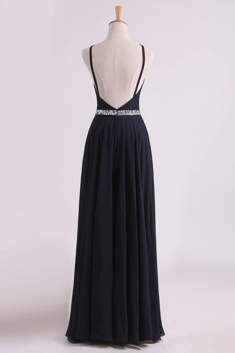 Party Dresses Spaghetti Straps Beaded Waistline Chiffon Open Back