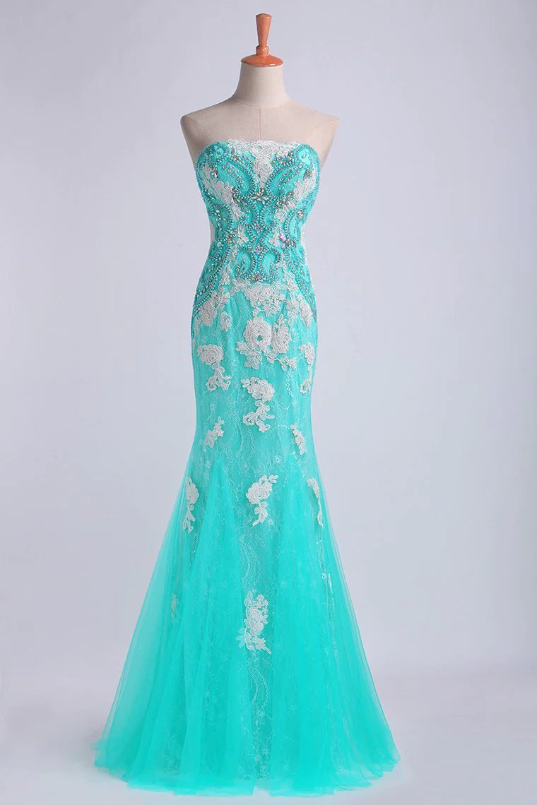 Party Dresses Strapless Column With Beading And Applique