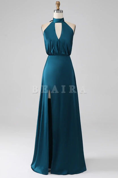 Beaira Peacock A-Line Halter Neck Backless Long Bridesmaid Dress with Slit Bridesmaid dress shop