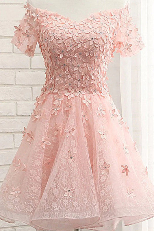 Pearl Pink Off the Shoulder Short Sleeves Lace Beading Appliques Short Homecoming Dresses