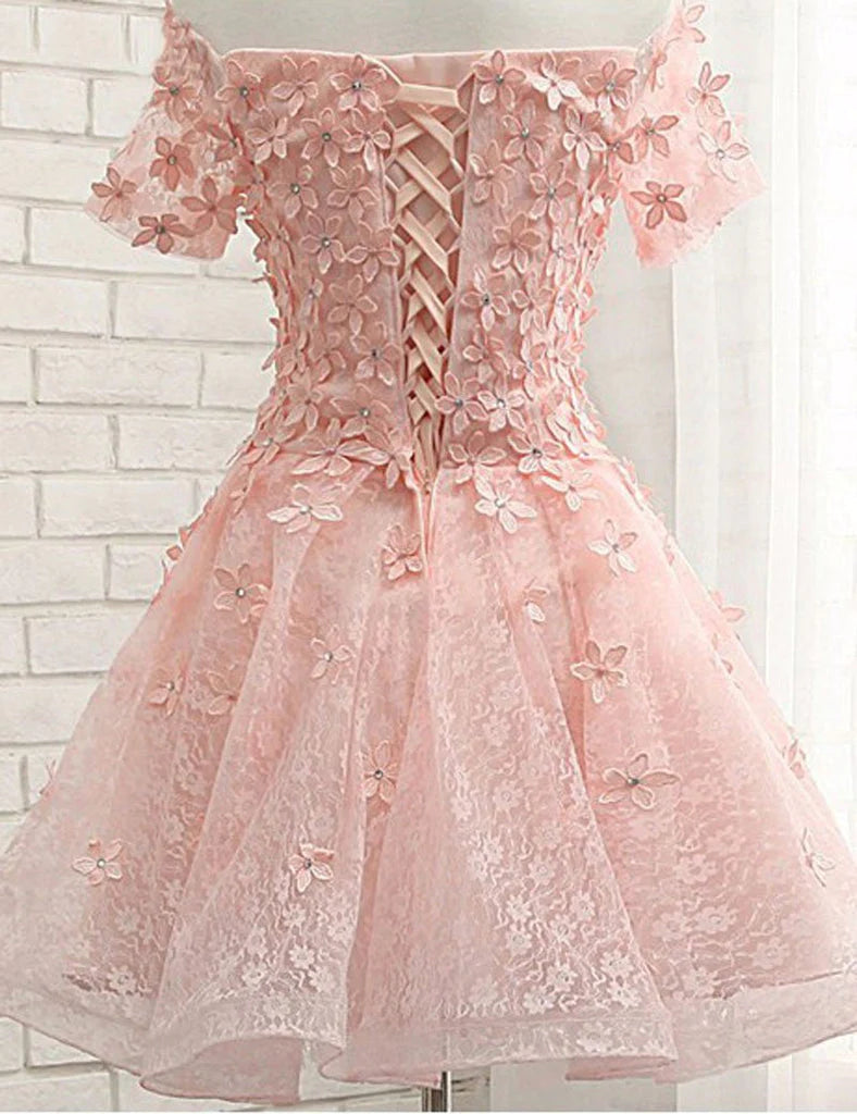 Pearl Pink Off the Shoulder Short Sleeves Lace Beading Appliques Short Homecoming Dresses