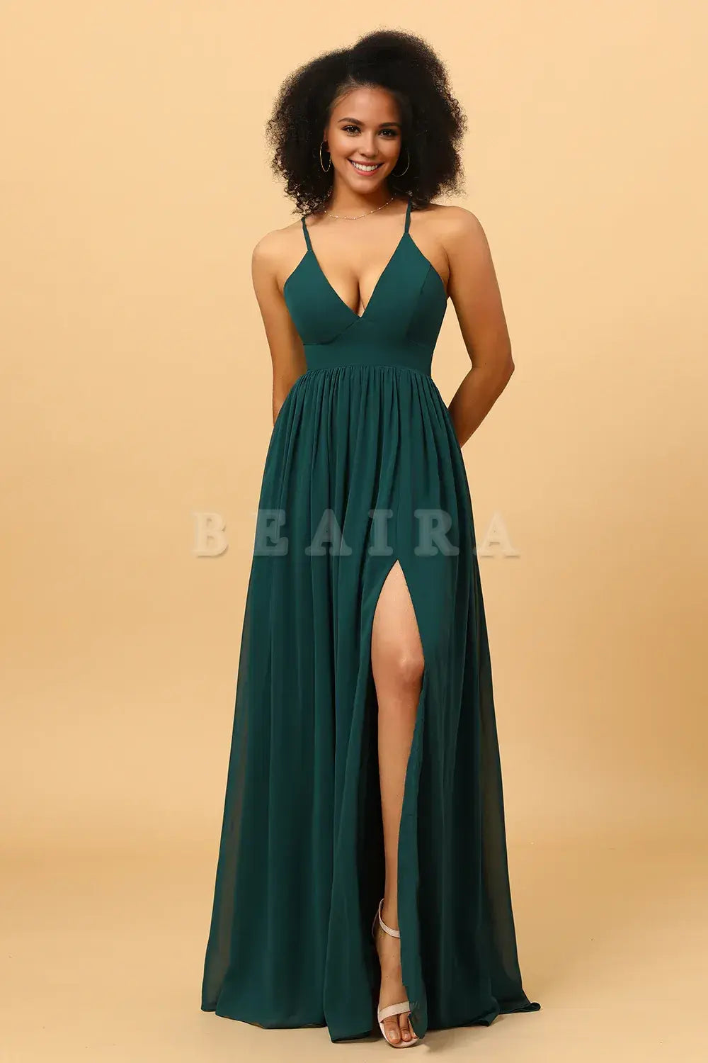 Beaira Pine A Line Lace-Up Back Chiffon Bridesmaid Dress with Slit Bridesmaid dress shop