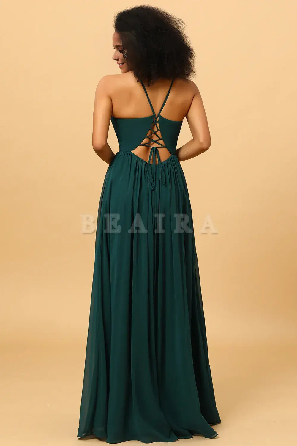 Beaira Pine A Line Lace-Up Back Chiffon Bridesmaid Dress with Slit Bridesmaid dress shop