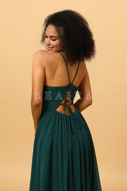 Beaira Pine A Line Lace-Up Back Chiffon Bridesmaid Dress with Slit Bridesmaid dress shop