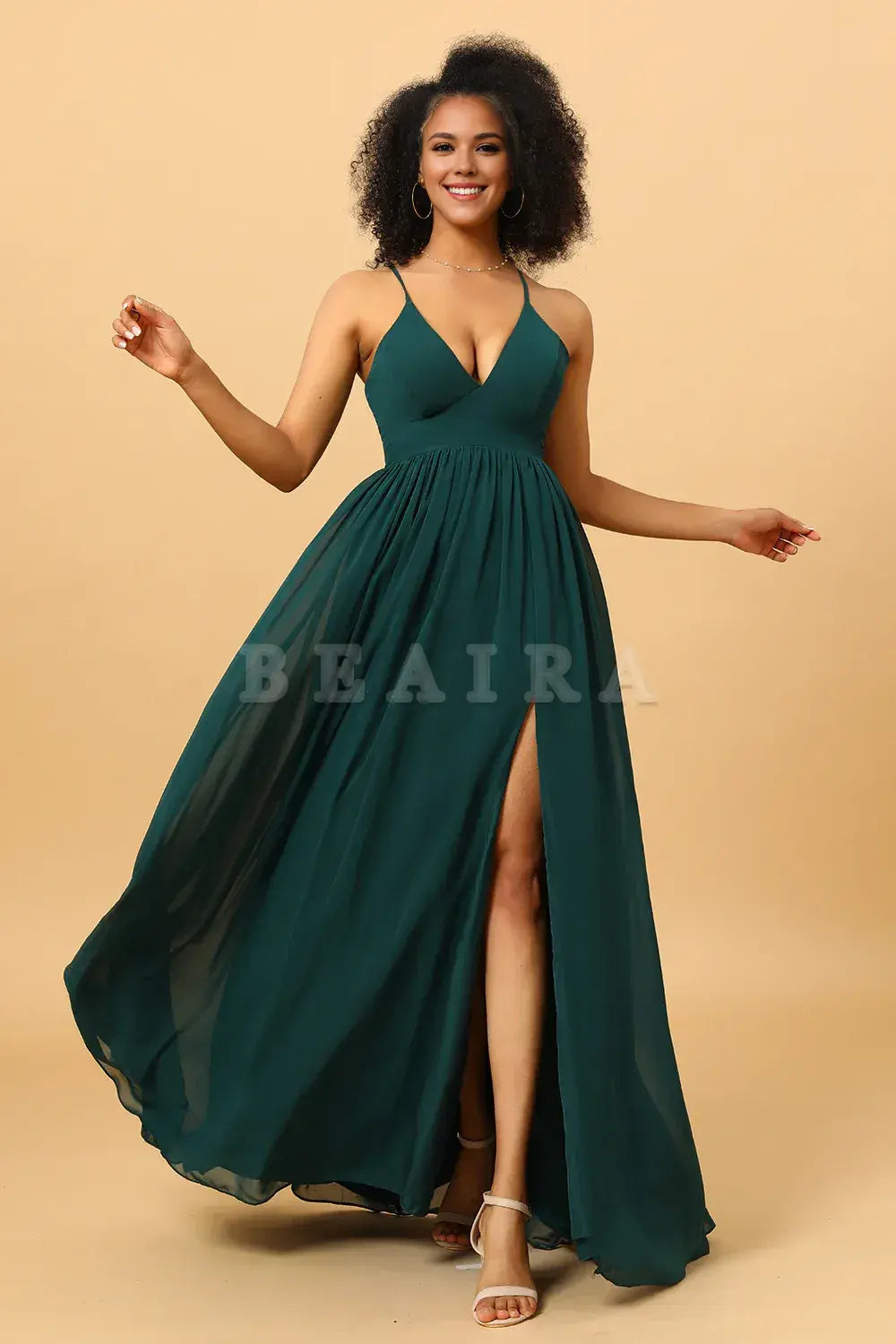 Beaira Pine A Line Lace-Up Back Chiffon Bridesmaid Dress with Slit Bridesmaid dress shop