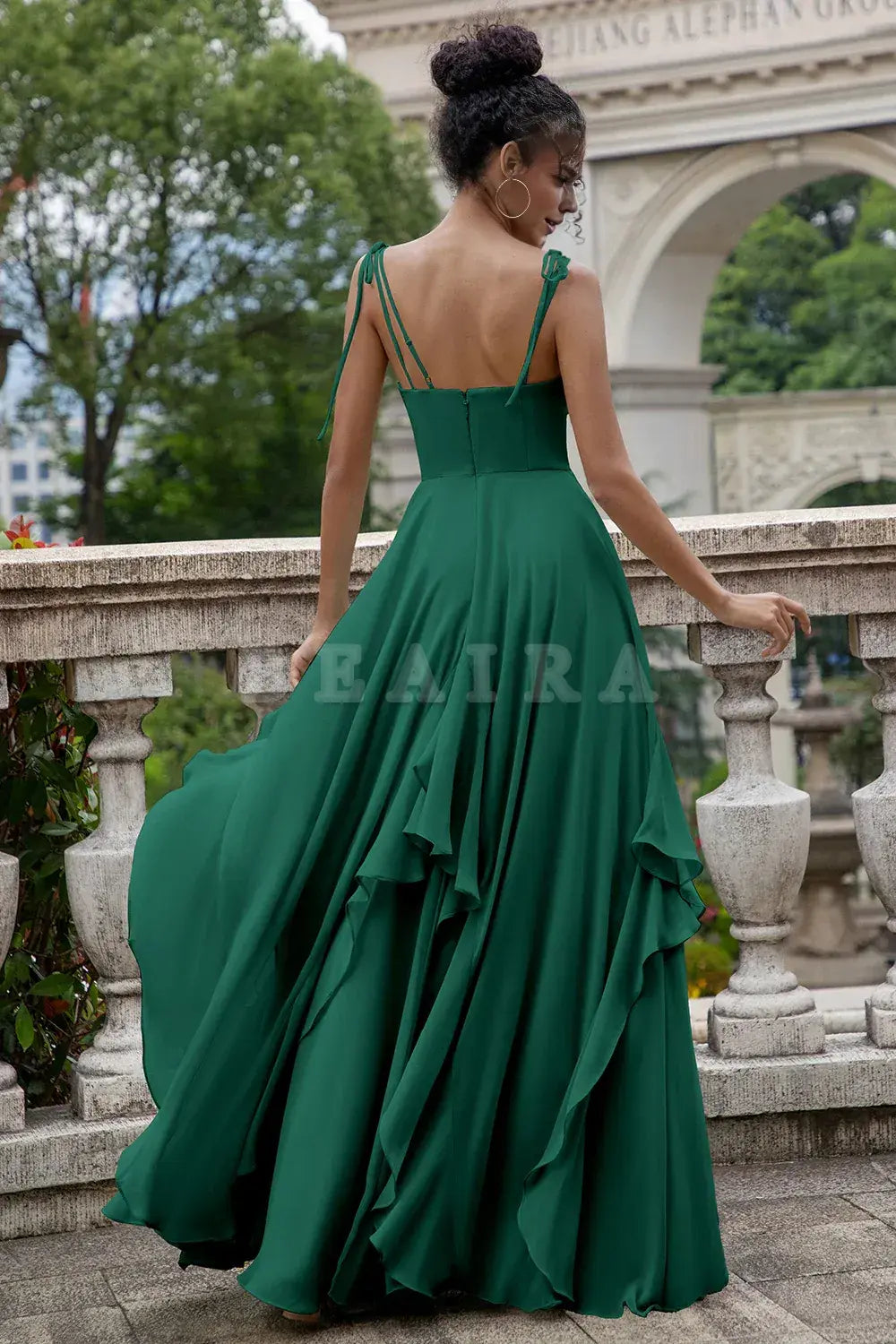 Beaira Pine A Line Spaghetti Straps Chiffon Long Asymmetrical Bridesmaid Dress with Ruffles Bridesmaid dress shop